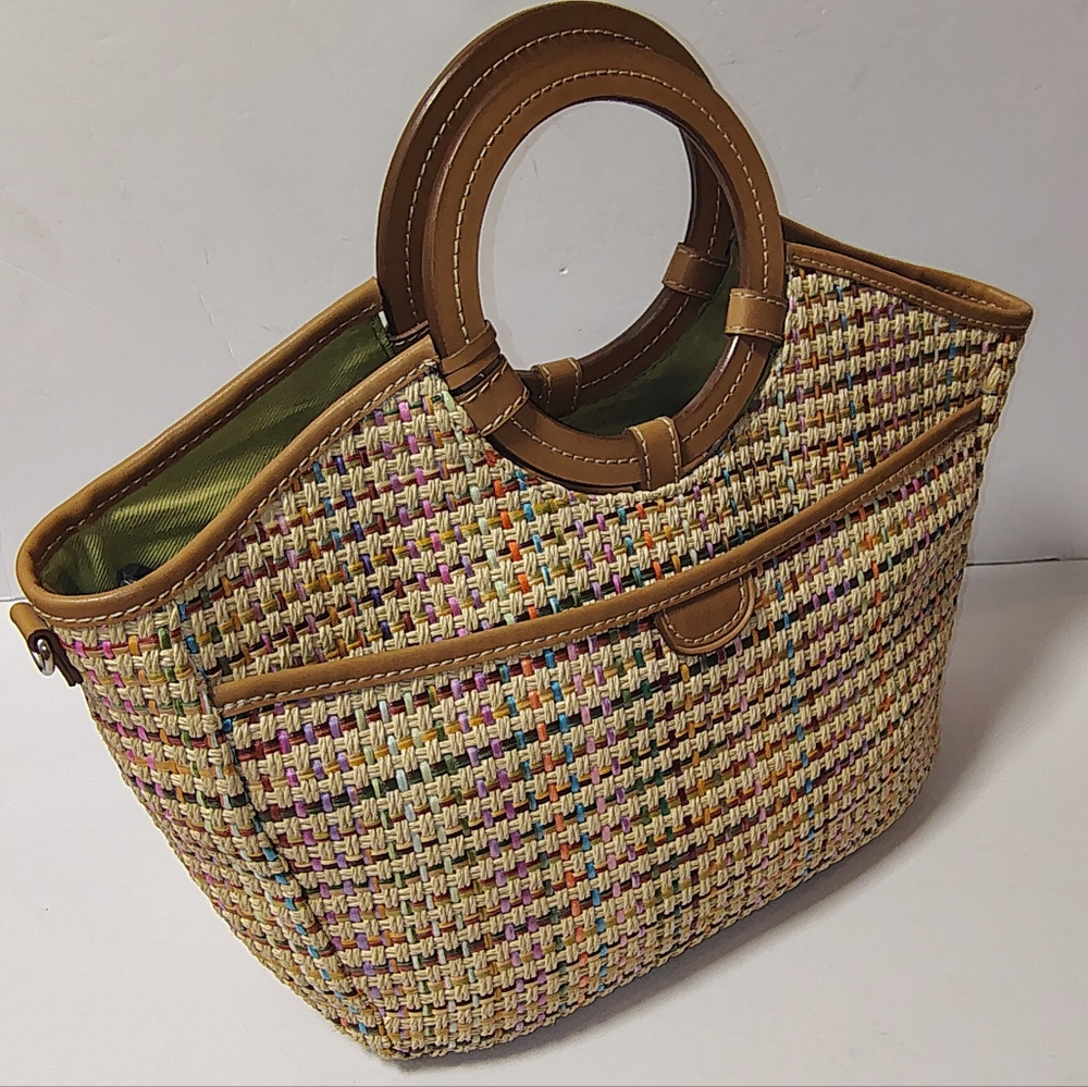 Fossil Woven Straw Raffia Tote Handbag Boho Purse with Tan Leather Handles